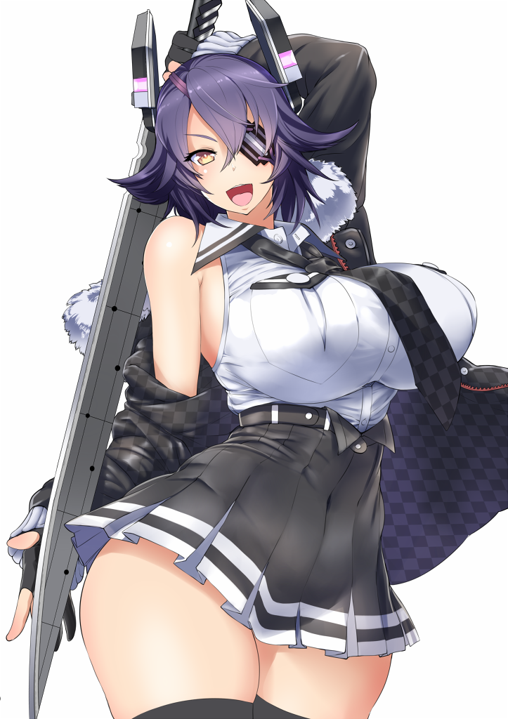 >:d, 1girl, black_gloves, black_legwear, breast_pocket, breasts, checkered, checkered_neckwear