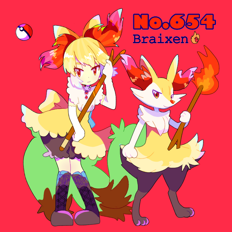 1girl, black_footwear, bloomers, bow, braixen, character_name, dress, fire