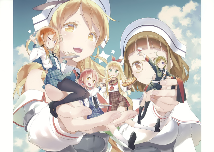 381mm/50_triple_gun_mount, 381mm/50_triple_gun_mount_kai, 6+girls, 90mm_single_high-angle_gun_mount, :d, ;q, absurdres, alcohol