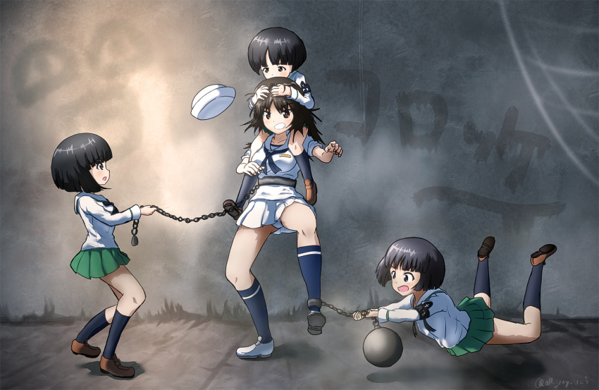 4girls, ball_and_chain_restraint, bangs, black_eyes, black_hair, black_legwear, black_neckwear, blouse