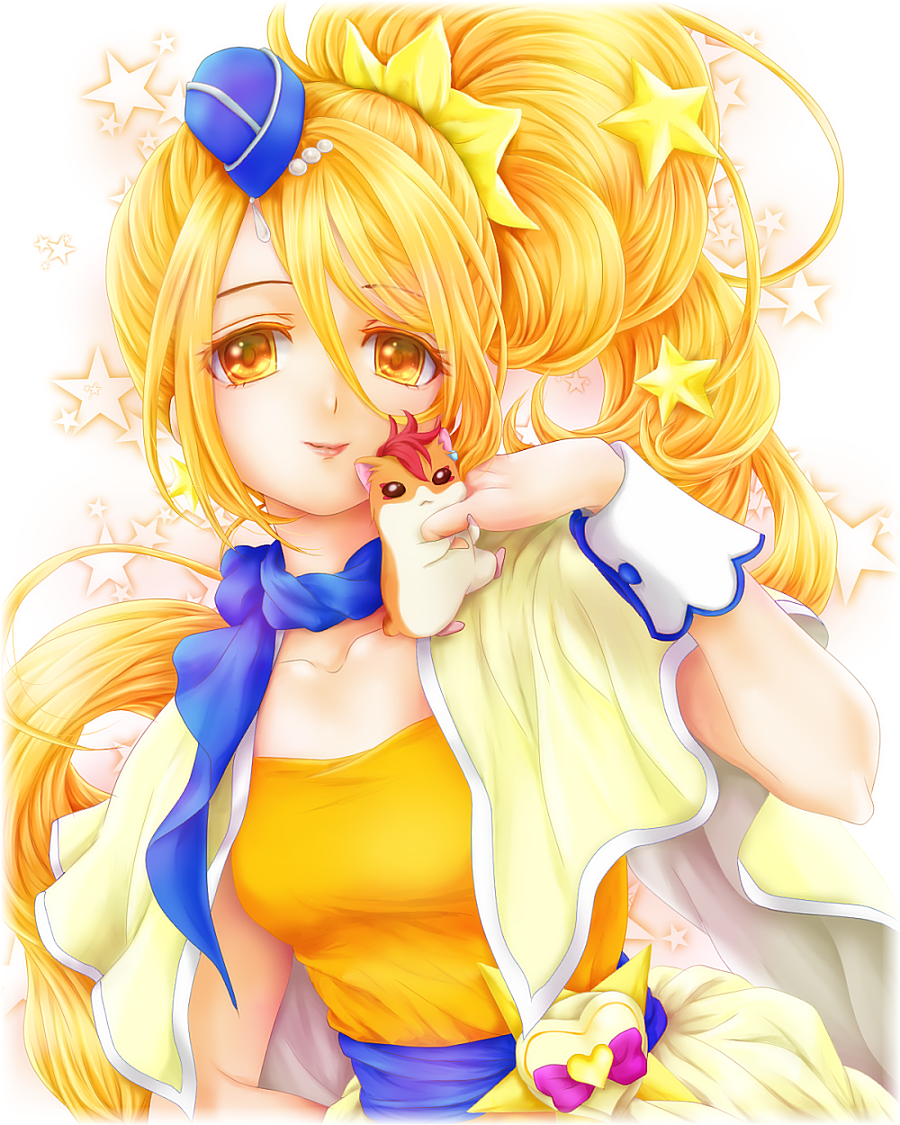 1girl, animal, animal_on_shoulder, blonde_hair, blue_scarf, cure_etoile, garrison_cap, hair_ornament
