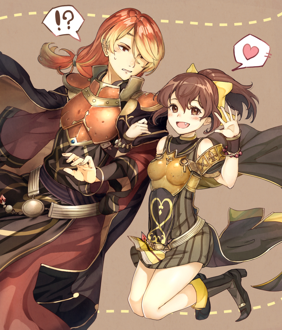 !?, 1boy, 1girl, belt, blonde_hair, blush, boots, bow