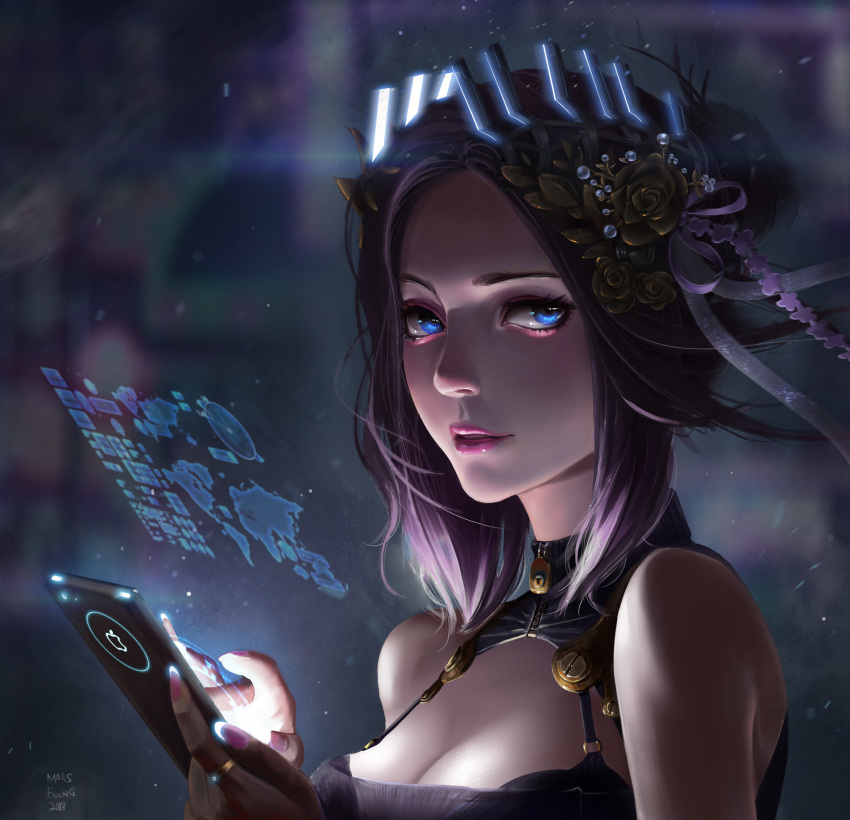 1girl, apple_inc., artist_name, augmented_reality, bare_shoulders, blue_eyes, breasts, cellphone, cleavage, cleavage_cutout, concept_art, cyberpunk, flower, food, fruit, future, glowing, hair_flower, hair_ornament, hair_ribbon, heads-up_display, highres, looking_at_viewer, looking_to_the_side, makeup, marsfoong, medium_breasts, original, parted_lips, phone, pink_lips, purple_hair, ribbon, short_hair, solo