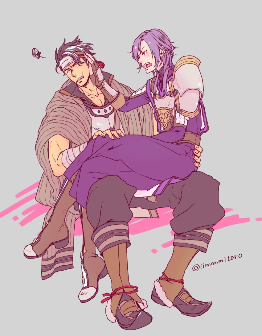 2boys, adusa, armor, artist_name, bandage, blush, boots, brown_hair