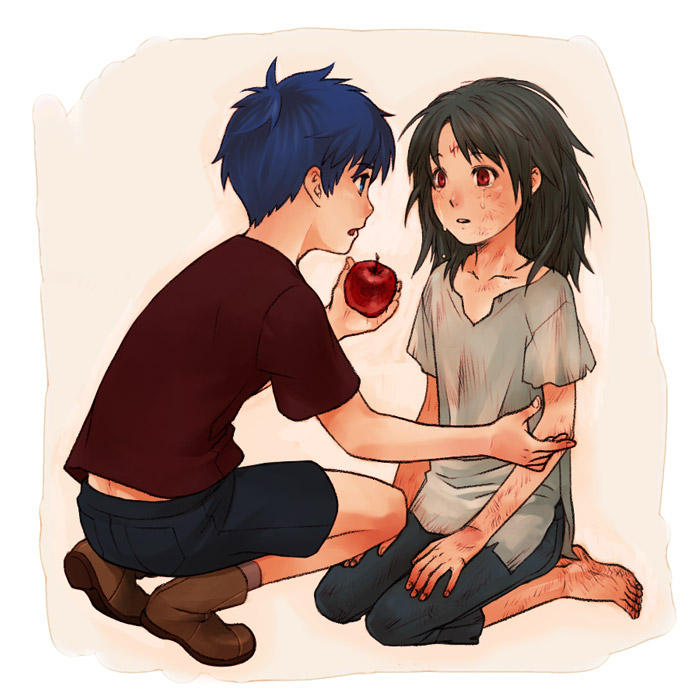 2boys, apple, barefoot, black_hair, blue_eyes, blue_hair, bruise, bruise_on_face, facial_mark, fire_emblem, fire_emblem:_akatsuki_no_megami, fire_emblem:_souen_no_kiseki, food, fruit, ike, injury, kobashi_(hodohodo), messy_hair, multiple_boys, red_eyes, red_shirt, shirt, short_hair, sitting, soren, tears, torn_clothes, wariza, younger