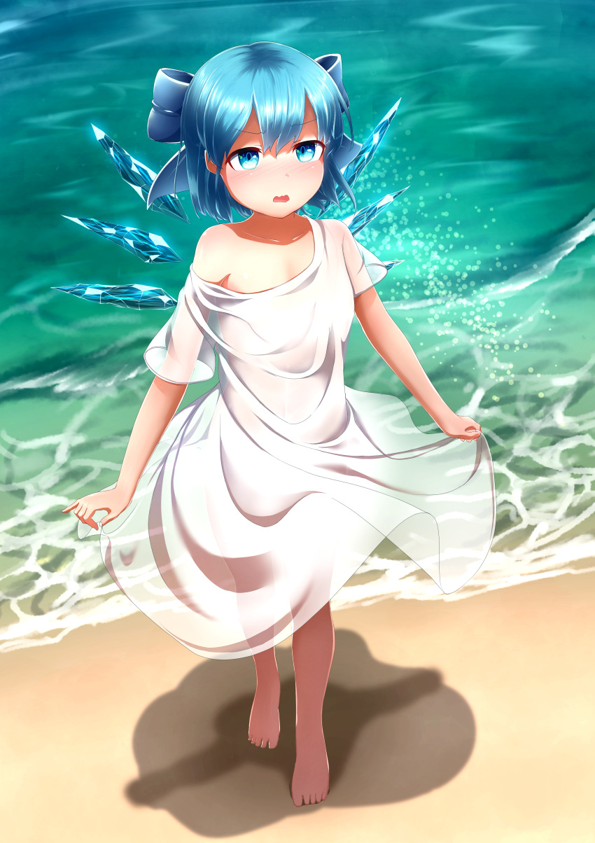 1girl, absurdres, alternate_costume, barefoot, beach, blue_bow, blue_eyes, blush