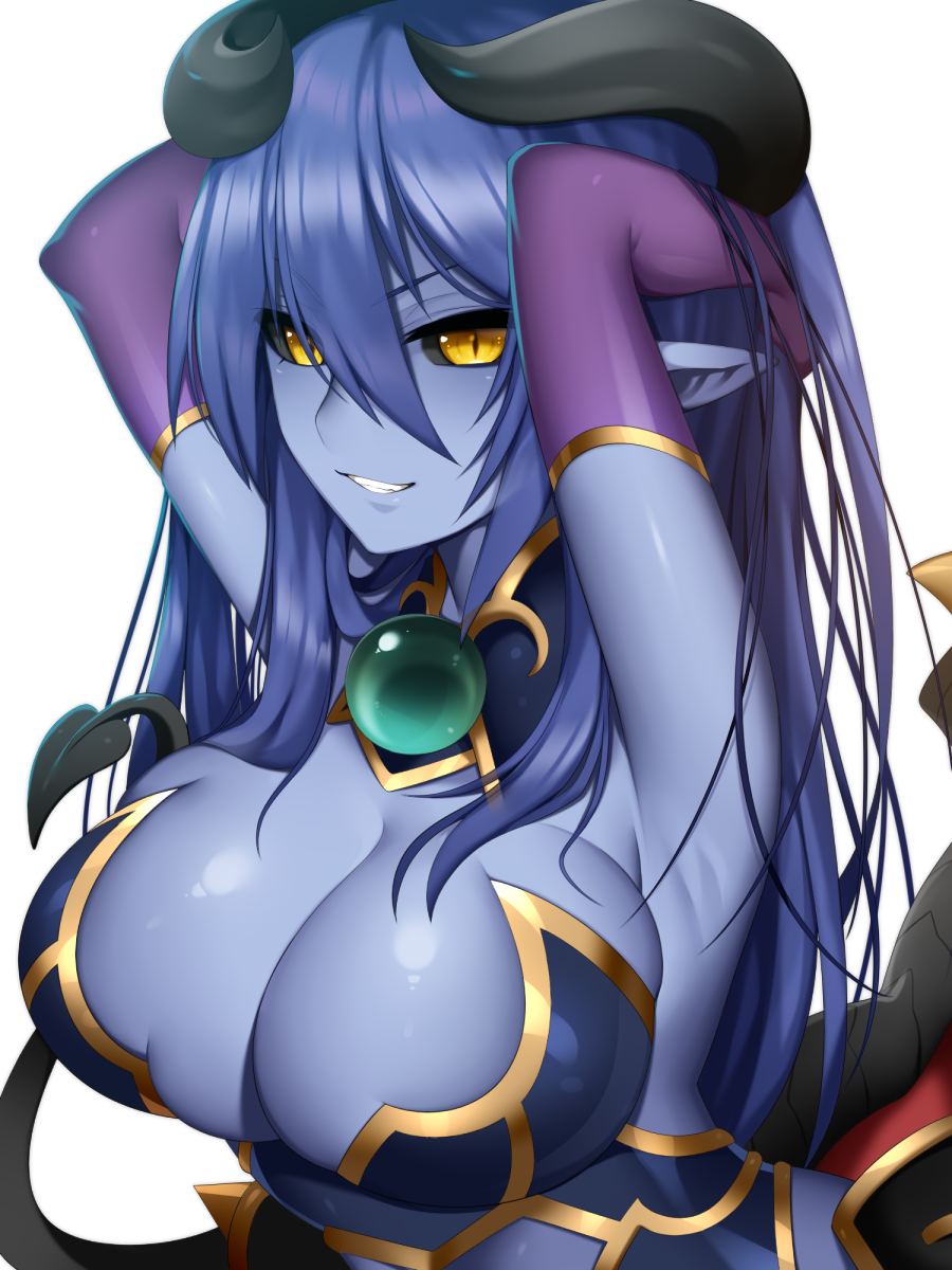 1girl, armpits, arms_up, astaroth_(shinrabanshou), black_sclera, blue_hair, blue_skin, breasts