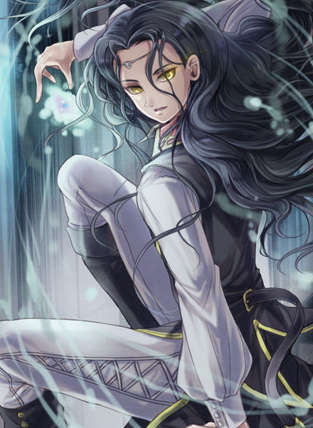 1other, androgynous, black_hair, boots, circlet, curly_hair, evil_smile, fire_emblem, fire_emblem:_rekka_no_ken, knee_boots, limstella_(fire_emblem), long_hair, looking_at_viewer, magic, nemupon_(goodlucky), pants, shirt, smile, solo, white_pants, white_shirt, yellow_eyes