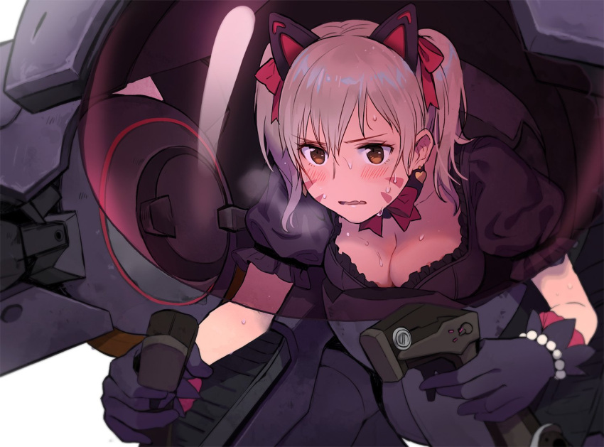 0910popo, 1girl, animal_ears, black_gloves, blush, breasts, breath, brown_eyes