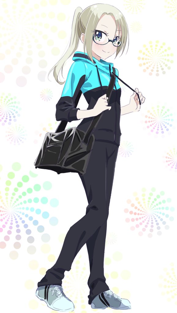 1girl, bag, black-framed_eyewear, black_pants, blonde_hair, blue_eyes, blush, full_body