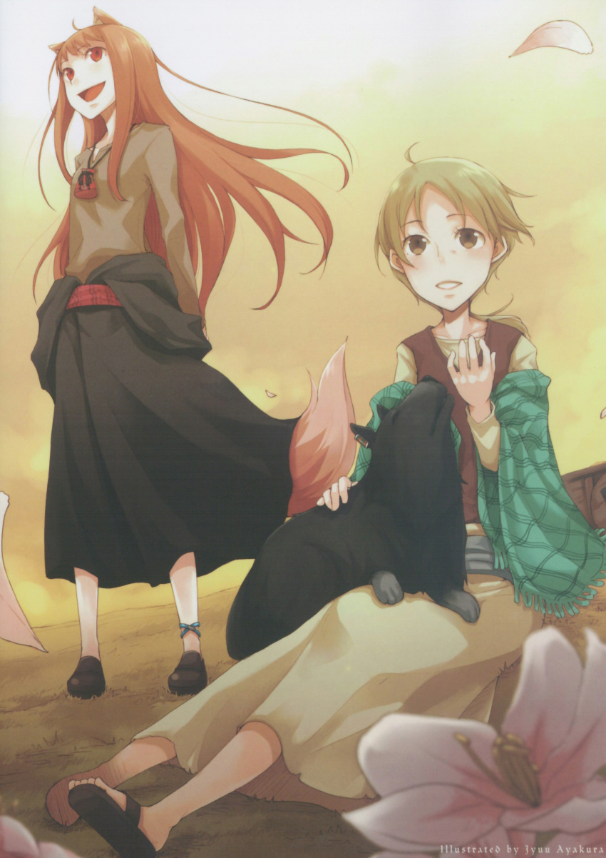 animal_ears, anklet, ayakura_juu, blonde_hair, brown_hair, dog, enekk, flower