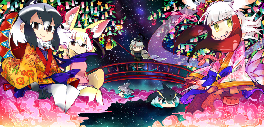 6+girls, absurdres, alternate_costume, animal_ears, bangs, black_gloves, black_hair, black_skirt