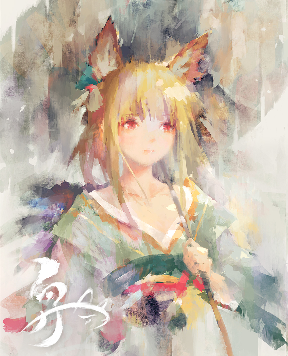 1girl, animal_ears, bangs, blonde_hair, closed_mouth, fox_ears, green_kimono, greenpock, hair_ornament, highres, holding, holding_umbrella, izumi_(sdorica_-sunset-), japanese_clothes, kimono, long_hair, obi, oriental_umbrella, over_shoulder, red_eyes, sash, sdorica_-sunset-, solo, umbrella, upper_body