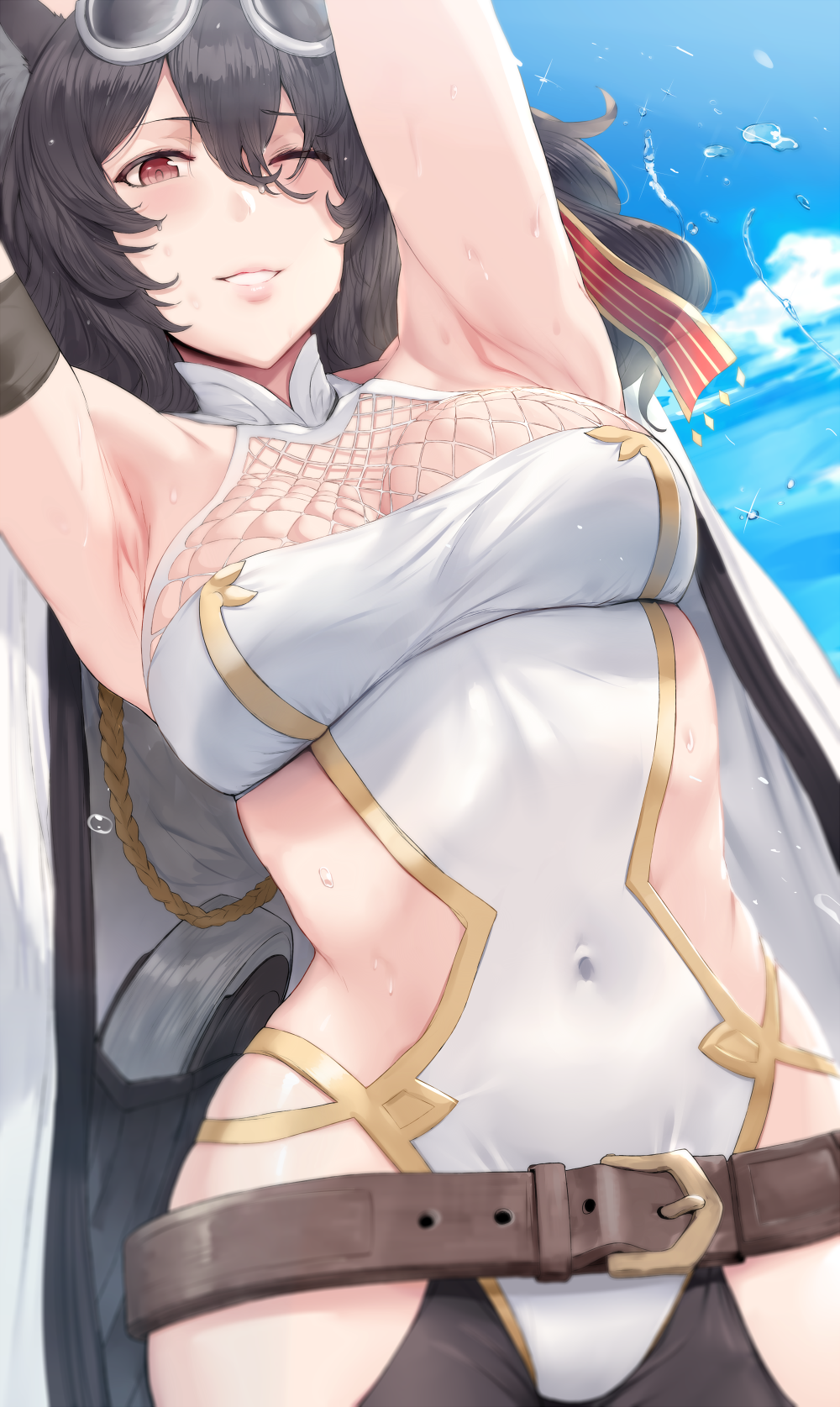 1girl, animal_ears, armpits, arms_behind_head, arms_up, bare_shoulders, belt, black_hair