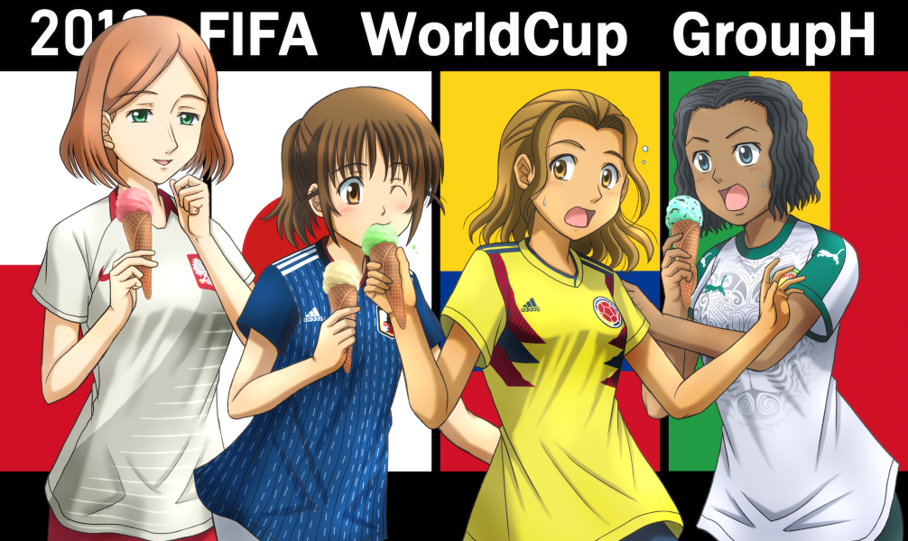 2018_fifa_world_cup, 4girls, adidas, black_hair, blue_eyes, brown_eyes, brown_hair, colombia
