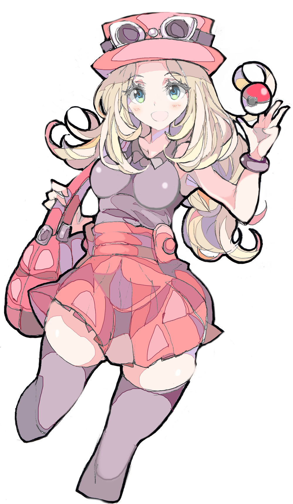 1girl, :d, bag, bare_shoulders, black_legwear, black_shirt, blonde_hair, blue_eyes