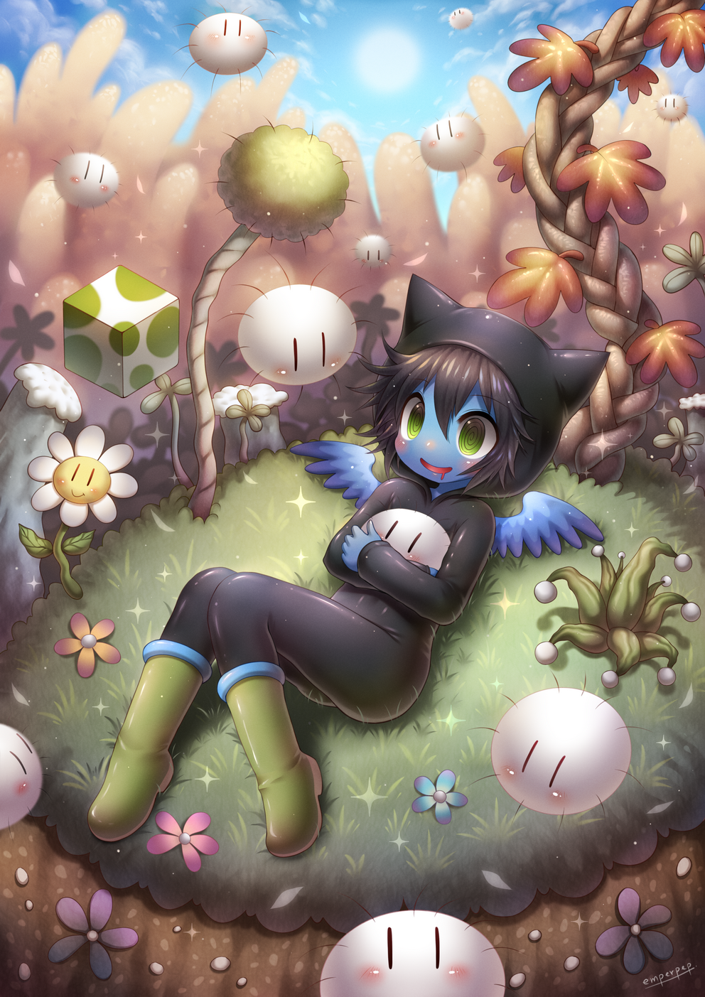 1boy, @_@, animal_ears, artist_name, black_bodysuit, blue_skin, blush, bodysuit, borrowed_character, brown_hair, cat_ears, commission, emperpep, eyebrows_visible_through_hair, fuzzy_(yoshi's_island), green_eyes, highres, looking_away, looking_up, lying, super_mario_bros., nintendo, on_back, open_mouth, original, short_hair, signature, smile, solo, super_mario_bros., super_mario_world_2:_yoshi's_island, wings