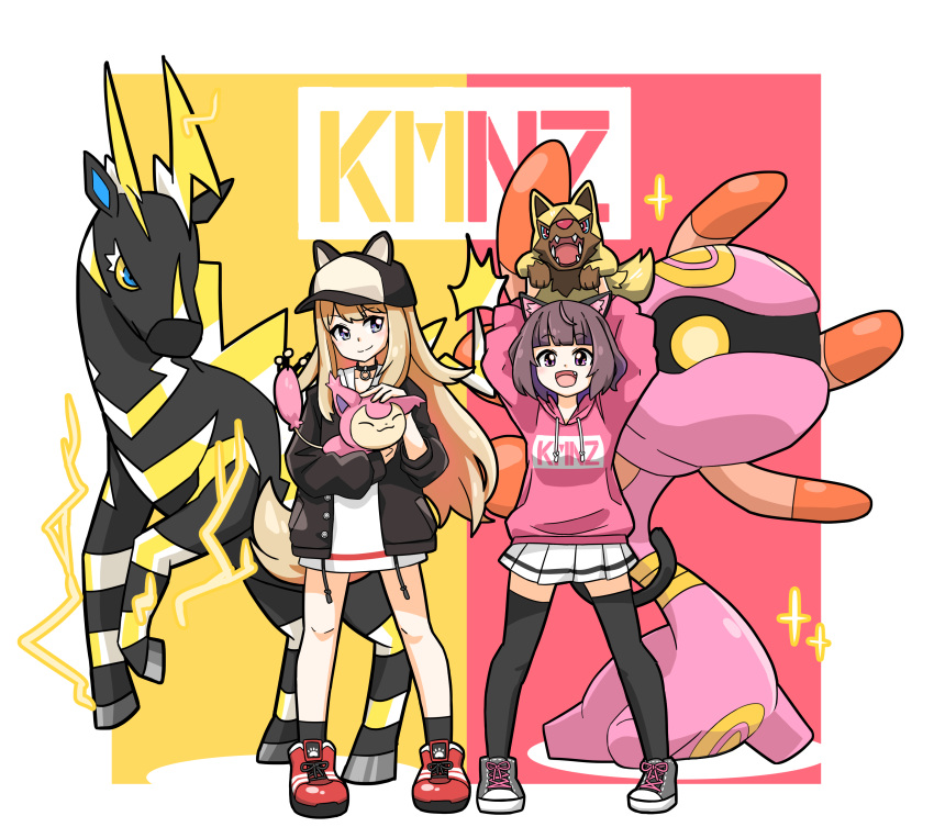 2girls, :d, absurdres, animal, animal_ears, animal_on_head, bare_legs, blue_eyes