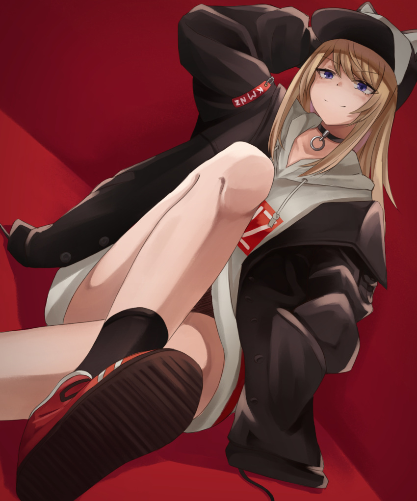 >:), 1girl, bare_legs, baseball_cap, black_jacket, black_legwear, blonde_hair, blue_eyes