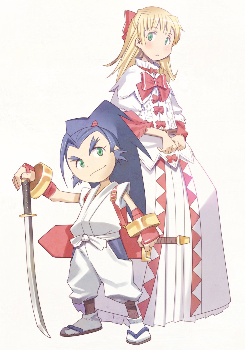 1boy, 1girl, blue_hair, blush, bracer, brave_fencer_musashiden, commentary, dress, fingerless_gloves, frills, gloves, green_eyes, highres, katana, long_dress, long_hair, looking_at_viewer, miyamoto_musashi, obi, ogata_kouji, princess_fillet, red_gloves, ribbon, sash, scabbard, sheath, sleeveless, smirk, sword, weapon, white_dress