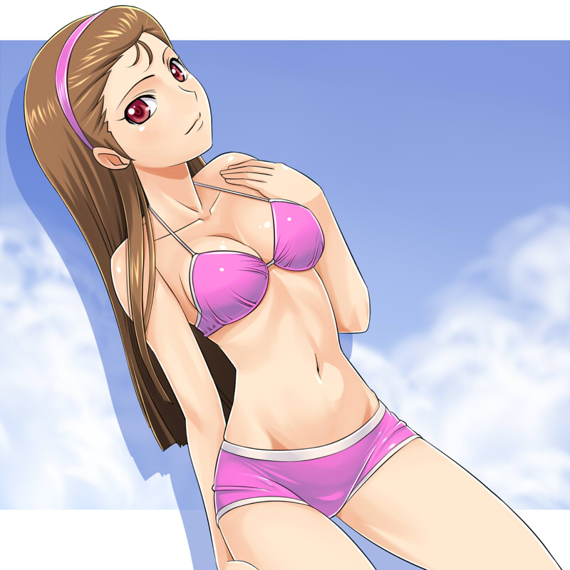 (^_^)_(pixiv198858), bikini_top, breasts, brown_hair, hairband, hotpants, idolmaster, long_hair, minase_iori, muhi11234, red_eyes, shorts, swimsuit