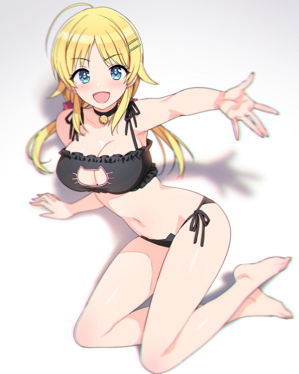 :d, ahoge, arm_support, bare_legs, barefoot, bell, bell_choker, black_bra