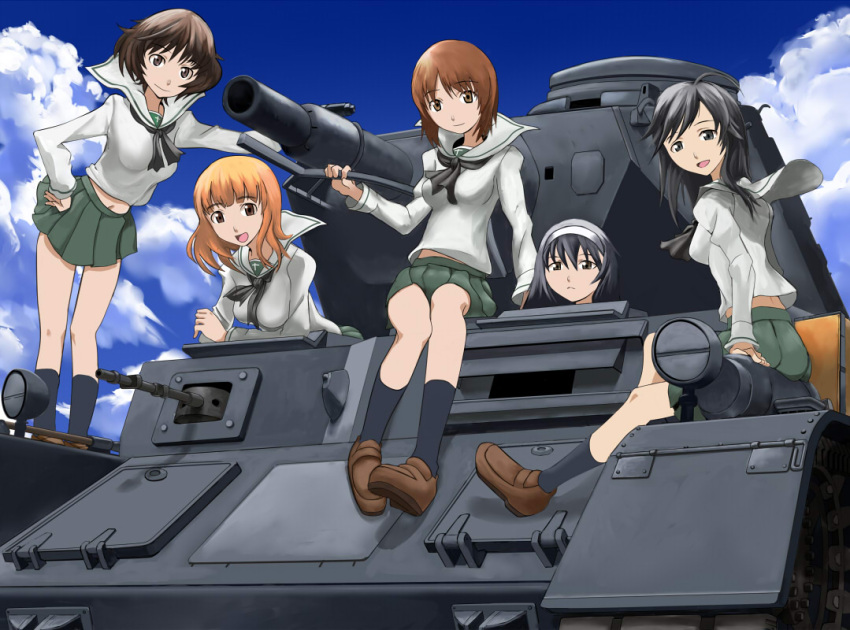 5girls, 640mb, akiyama_yukari, black_eyes, black_hair, breasts, brown_eyes, brown_hair