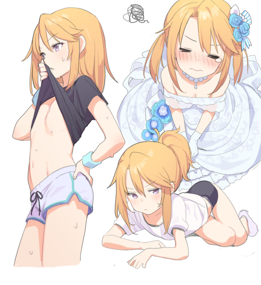 1girl, =_=, bangs, bare_shoulders, black_buruma, black_shirt, blue_dress, blue_flower
