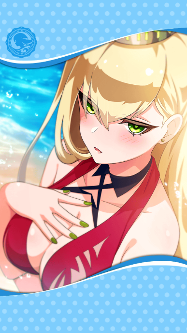 1girl, artist_request, blonde_hair, blush, breasts, cleavage, crown, dainsleif_(phantom_of_the_kill), earrings, framed_image, green_eyes, green_nails, hair_between_eyes, hand_on_own_chest, jewelry, large_breasts, nail_polish, official_art, open_mouth, phantom_of_the_kill, red_swimsuit, sand, stud_earrings, swimsuit, water