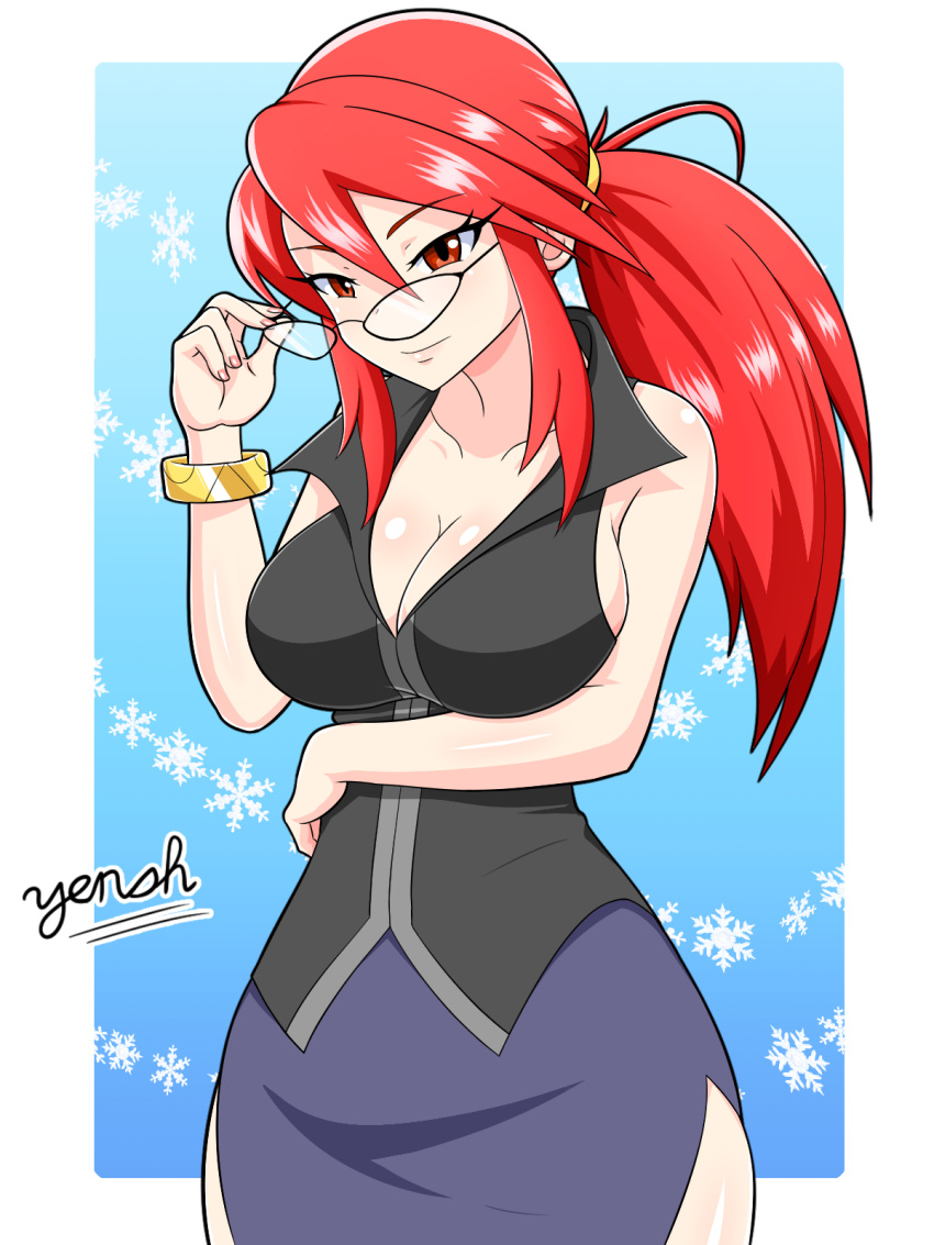 1girl, adjusting_glasses, artist_name, bare_shoulders, black-framed_eyewear, black_shirt, blue_background, blue_skirt