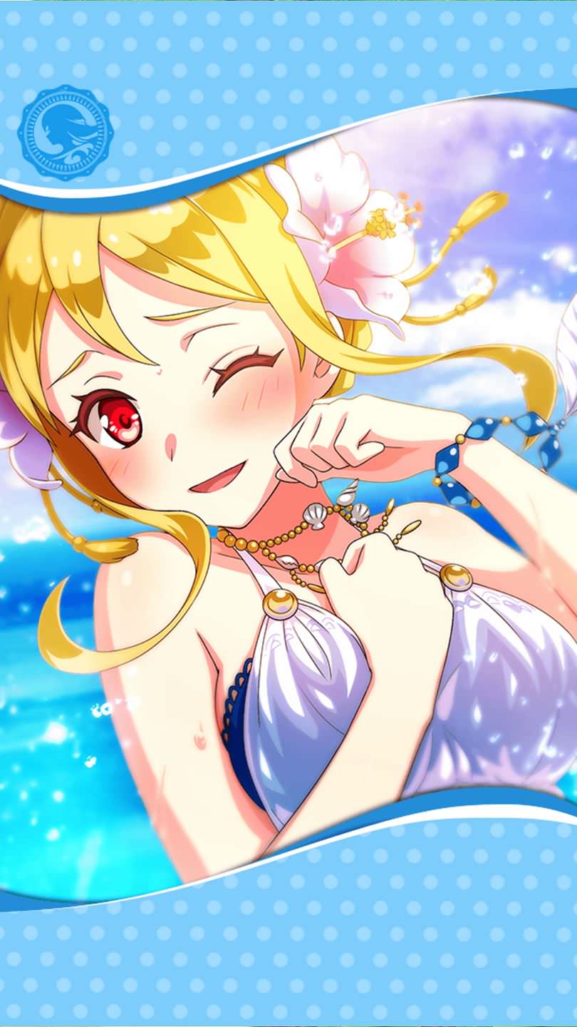 1girl, artist_request, blonde_hair, blush, bracelet, flabellum_(phantom_of_the_kill), flower, framed_image, hair_between_eyes, hair_flower, hair_ornament, highres, jewelry, official_art, one_eye_closed, open_mouth, orchid, phantom_of_the_kill, red_eyes, smile, splashing, swimsuit, water