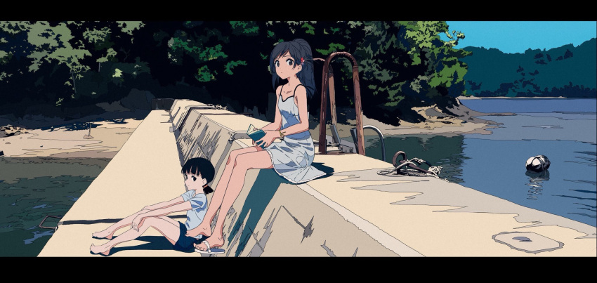 2girls, beach, blue_sky, book, buoy, commentary_request, forest, highres
