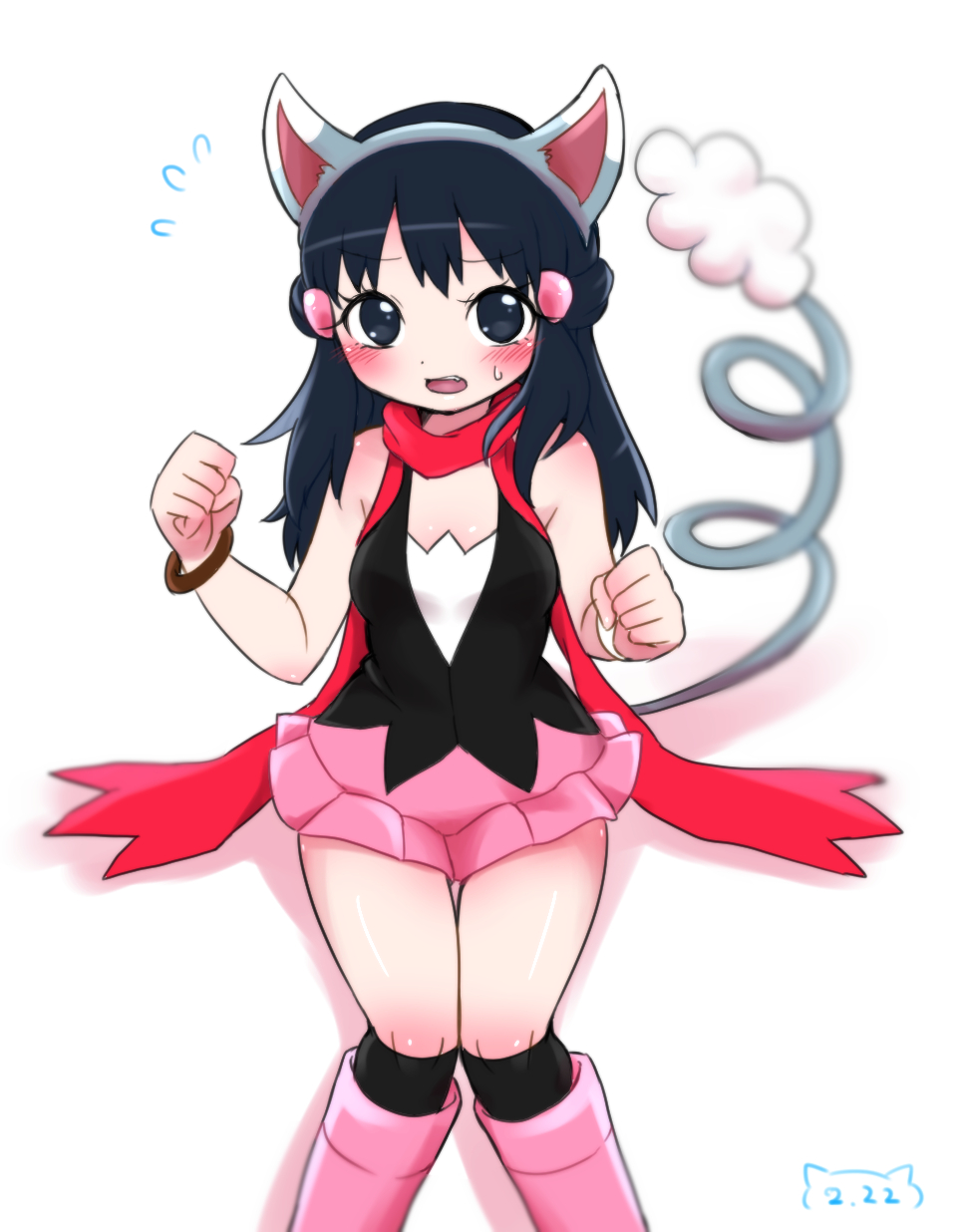 1girl, animal_ears, artist_request, black_legwear, black_shirt, blue_eyes, blue_hair, blush, cat_day, cat_ears, cat_tail, cosplay, dated, glameow, glameow_(cosplay), hair_ornament, highres, hikari_(pokemon), kneehighs, long_hair, miniskirt, pink_footwear, pink_skirt, pokemon, pokemon_(game), pokemon_dppt, shirt, sidelocks, simple_background, skirt, sleeveless, spring_tail, tail