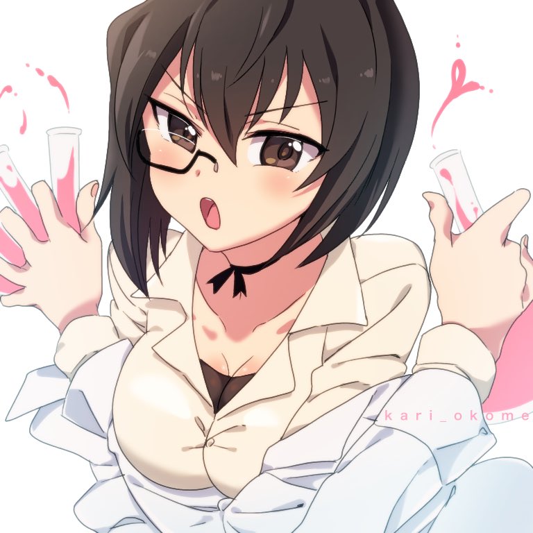 1girl, angry, bangs, beaker, black-framed_eyewear, black_choker, black_eyes, black_hair, breasts, choker, cleavage, commentary, dress_shirt, erlenmeyer_flask, frown, girls_und_panzer, holding, kari_okome, kawashima_momo, labcoat, liquid, long_sleeves, looking_at_viewer, medium_breasts, monocle, off_shoulder, open_mouth, ribbon_choker, semi-rimless_eyewear, shirt, short_hair, solo, spilling, twitter_username, under-rim_eyewear, upper_body, v-shaped_eyebrows, white_shirt