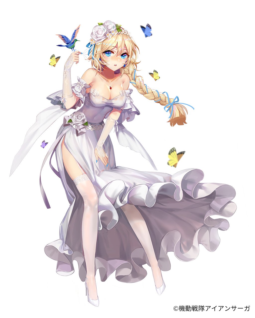 1girl, bangs, bare_shoulders, bird, blonde_hair, blue_butterfly, blue_eyes, blush