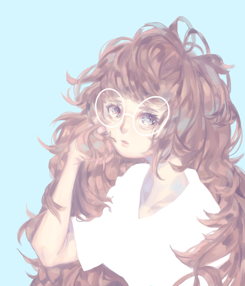 1girl, bangs, blue_background, brown_hair, collarbone, curly_hair, fortisselle, glasses