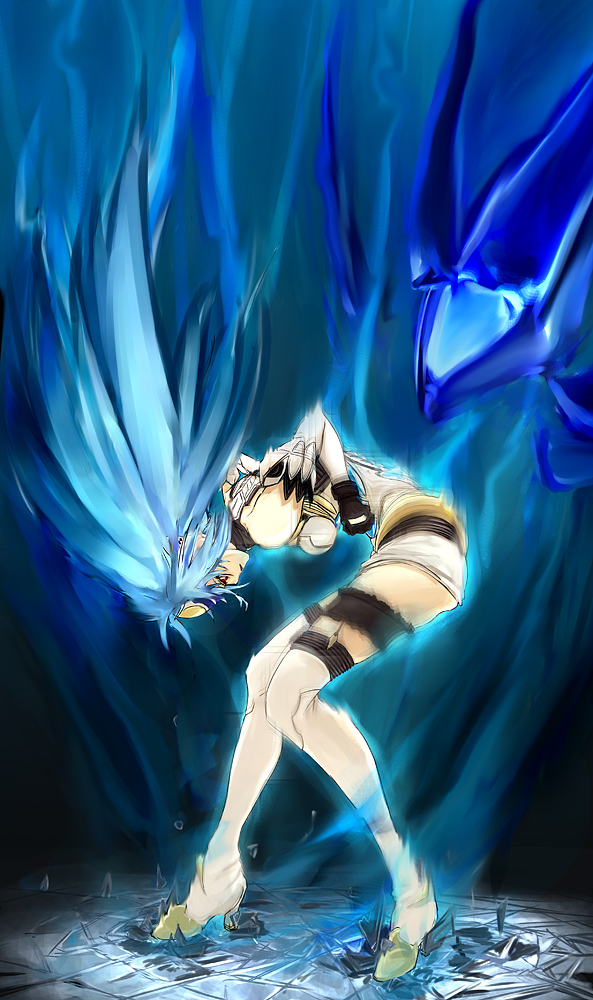 1girl, android, blue_hair, boots, breasts, commentary_request, cyborg, forehead_protector