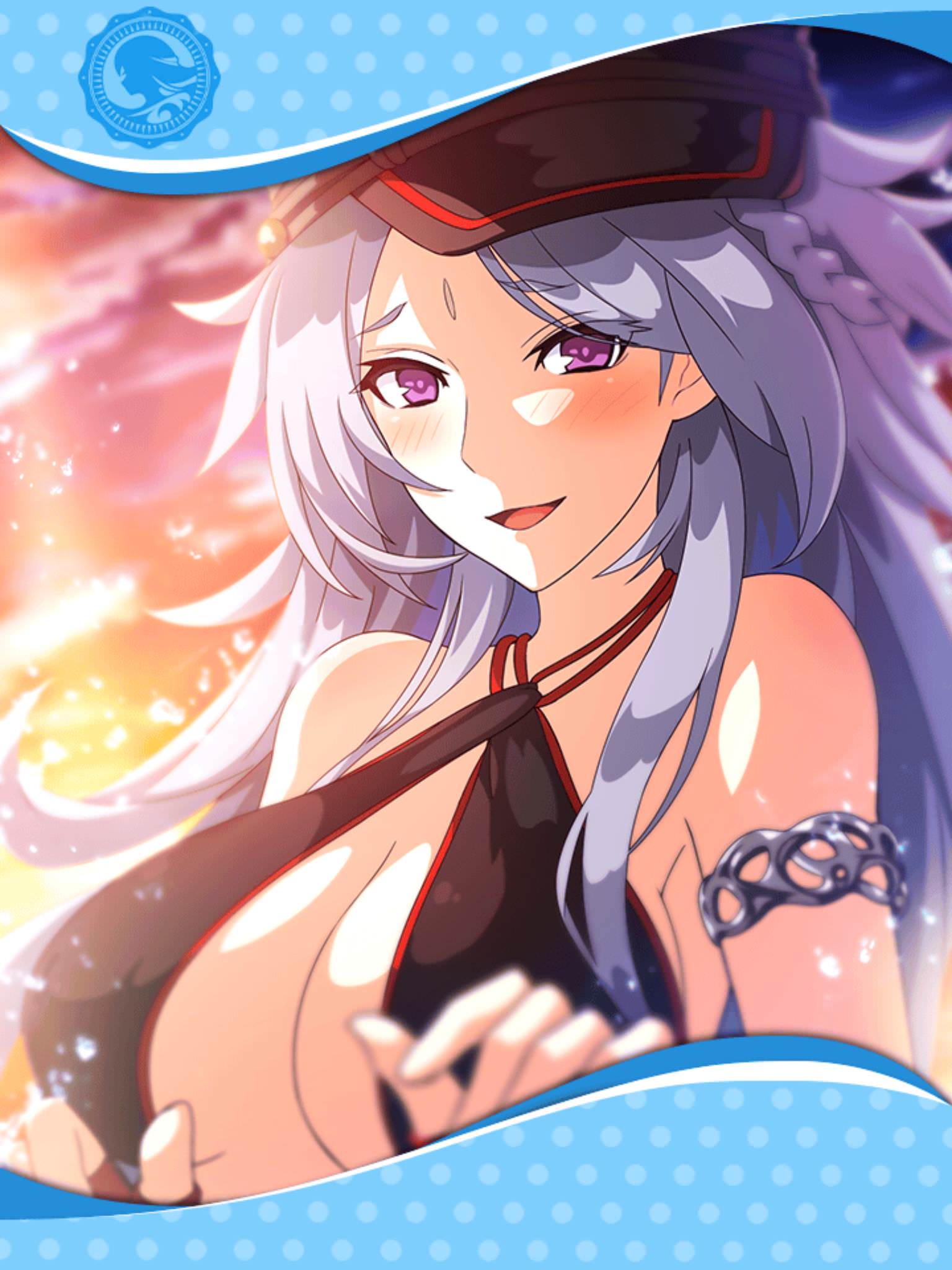 1girl, artist_request, black_swimsuit, blush, breasts, brionac_(phantom_of_the_kill), cleavage, criss-cross_halter