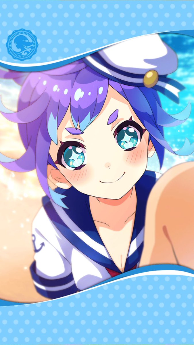 1girl, artist_request, blue_eyes, blue_hair, blush, breasts, cleavage, durandal_(phantom_of_the_kill), framed_image, highres, looking_at_viewer, official_art, phantom_of_the_kill, sand, smile, swimsuit, symbol-shaped_pupils, water