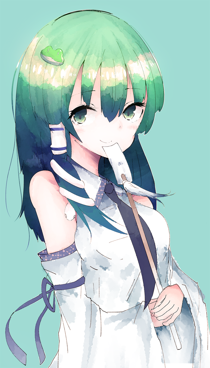 1girl, blush, breast, darumoon, detached_sleeves, frog, gohei, green_background