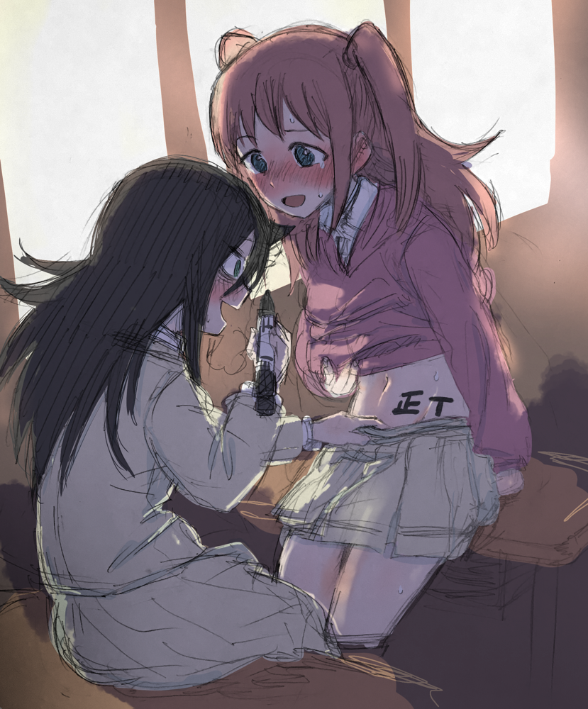 2girls, :d, bangs, black_hair, blush, commentary, desk, green_eyes