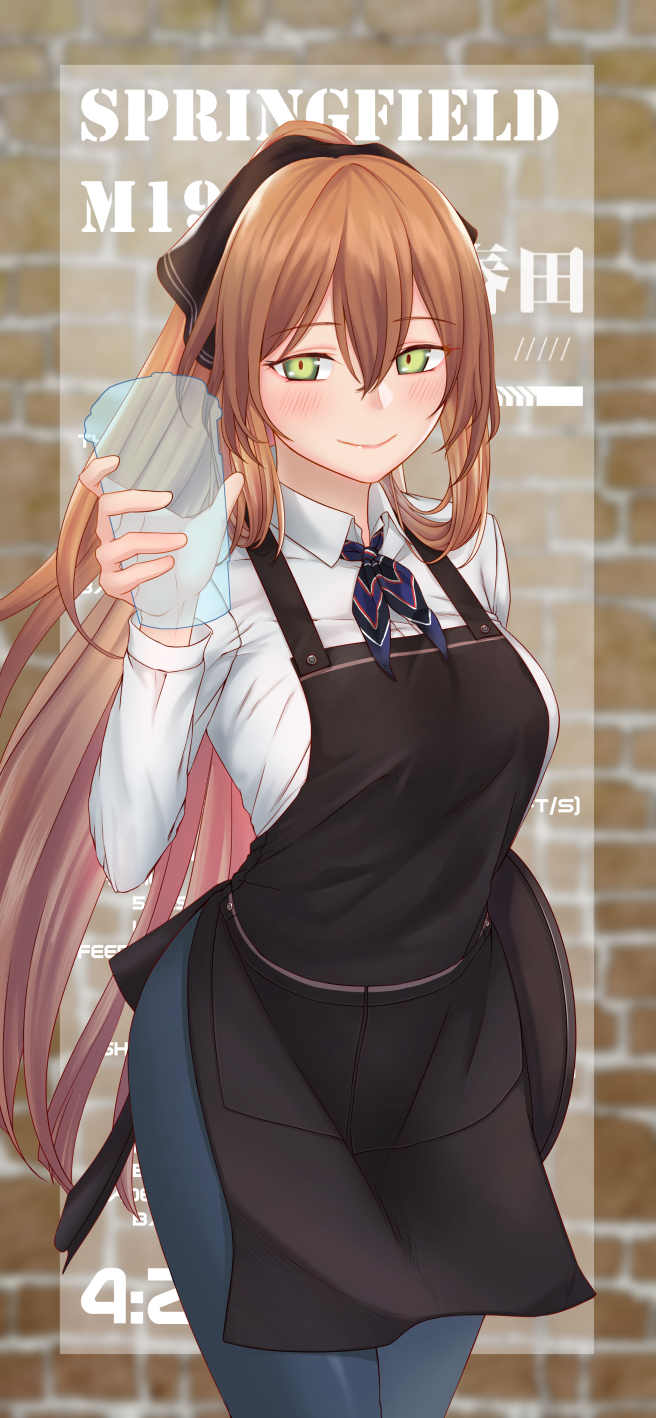 1girl, alternate_costume, apron, bangs, blush, breasts, brown_hair, character_name