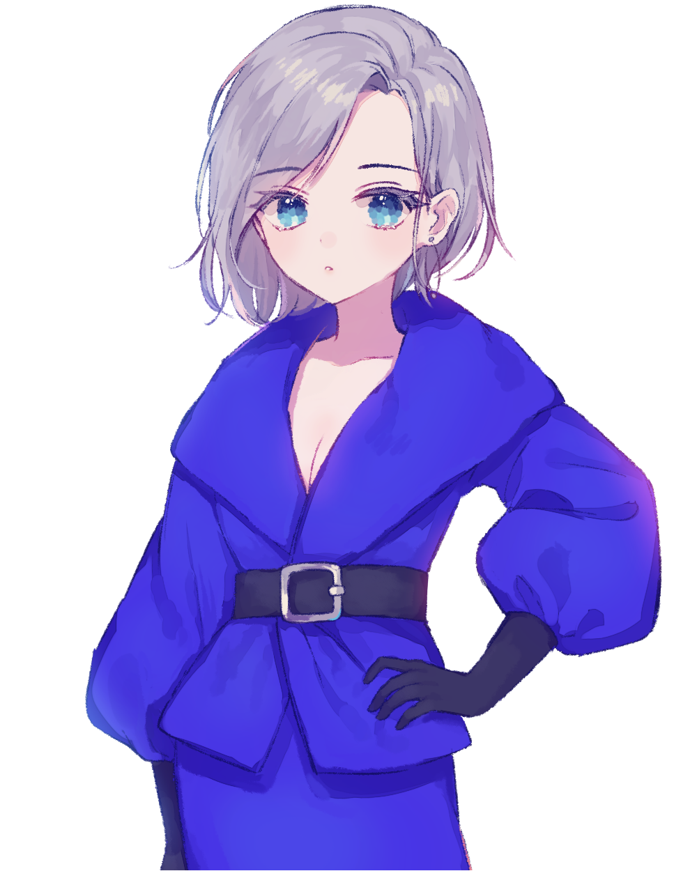 1girl, :o, asymmetrical_bangs, bangs, belt_buckle, black_belt, black_gloves, blue_eyes