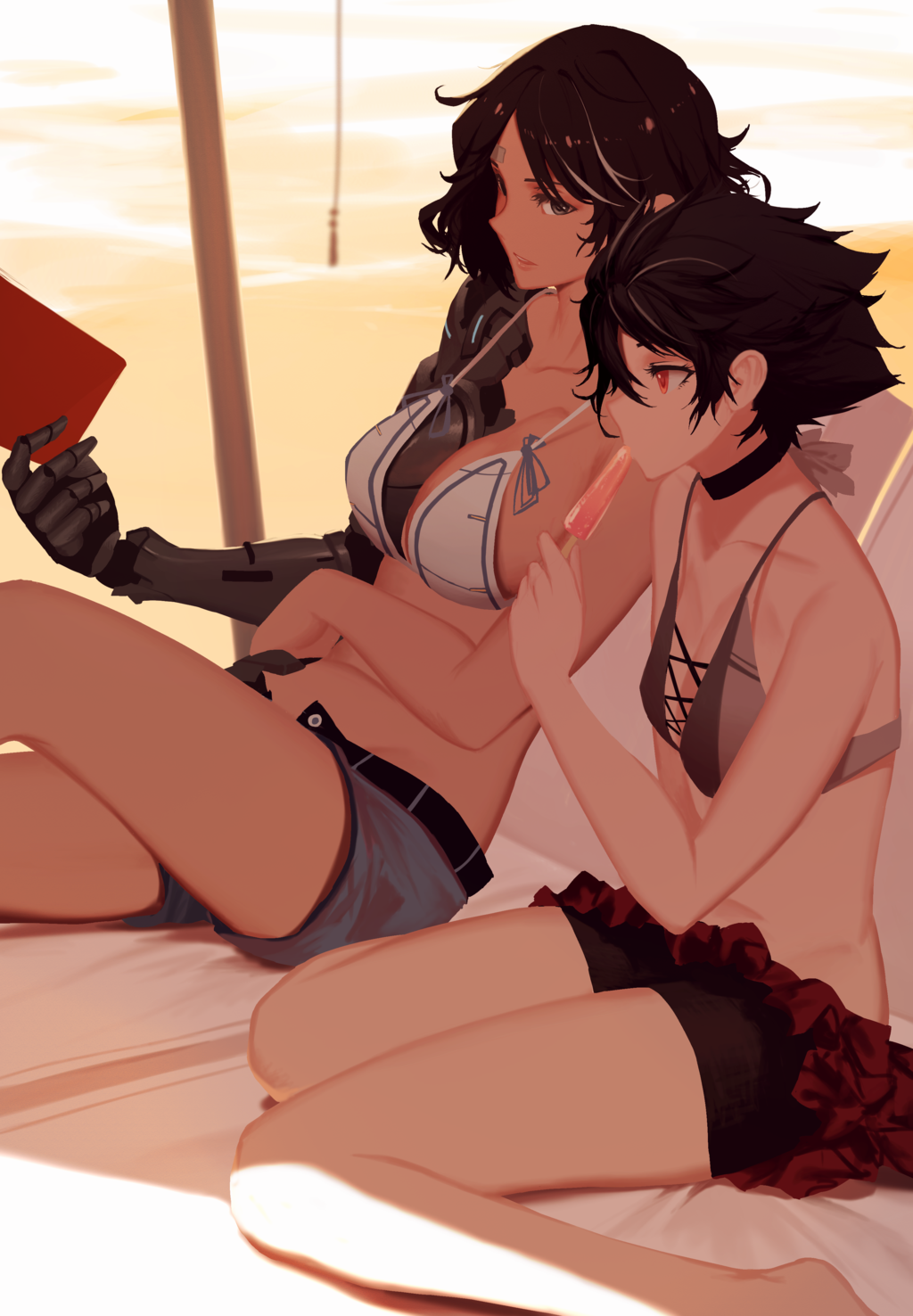 2girls, beach, black_hair, book, breasts, dishwasher1910, food, genderswap