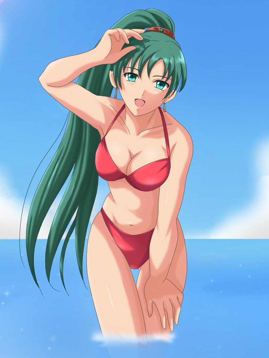 1girl, :d, arm_up, bikini, blue_sky, breasts, cleavage, clouds, collarbone, cowboy_shot, cute, day, earrings, fire_emblem, fire_emblem:_rekka_no_ken, fire_emblem_heroes, floating_hair, gluteal_fold, green_eyes, green_hair, hair_ornament, hand_on_leg, high_ponytail, intelligent_systems, jewelry, leaning_forward, long_hair, looking_at_viewer, lyndis_(fire_emblem), medium_breasts, moe, navel, nintendo, ocean, open_mouth, outdoors, pink_bikini, red_bikini, sentihistory, sky, smile, solo, summer, super_smash_bros., swimsuit, very_long_hair, wading