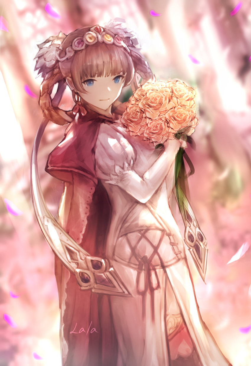1girl, absurdres, bangs, blonde_hair, blue_eyes, blunt_bangs, bouquet, braid, breasts, brown_hair, cape, closed_mouth, commentary_request, dress, elbow_gloves, flower, gloves, granblue_fantasy, hair_ornament, hair_rings, hairband, highres, holding, holding_bouquet, jewelry, juliet_(granblue_fantasy), lala_(0915_yu), long_hair, medium_breasts, multicolored, multicolored_background, pink_hair, puffy_sleeves, red_cape, signature, solo, tiara, white_dress, white_gloves