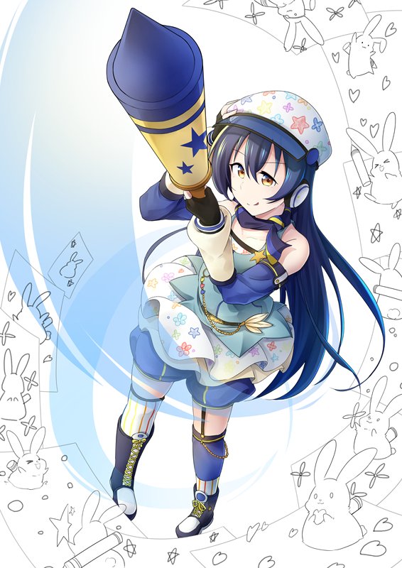 1girl, bangs, blue_hair, commentary_request, crayon, from_above, hair_between_eyes, hat