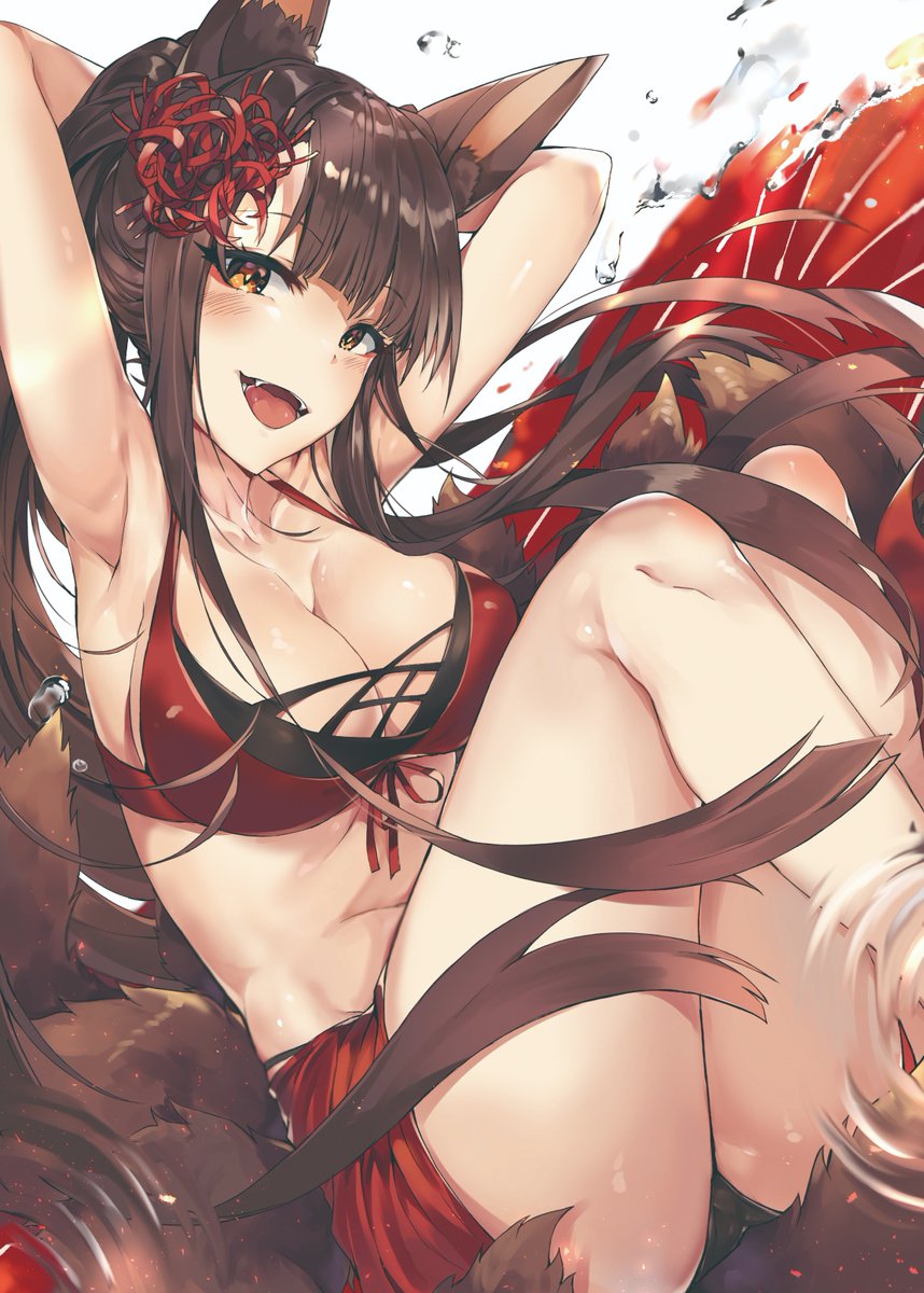1girl, :d, akagi_(azur_lane), alternate_costume, animal_ears, armpits, arms_behind_head, azur_lane
