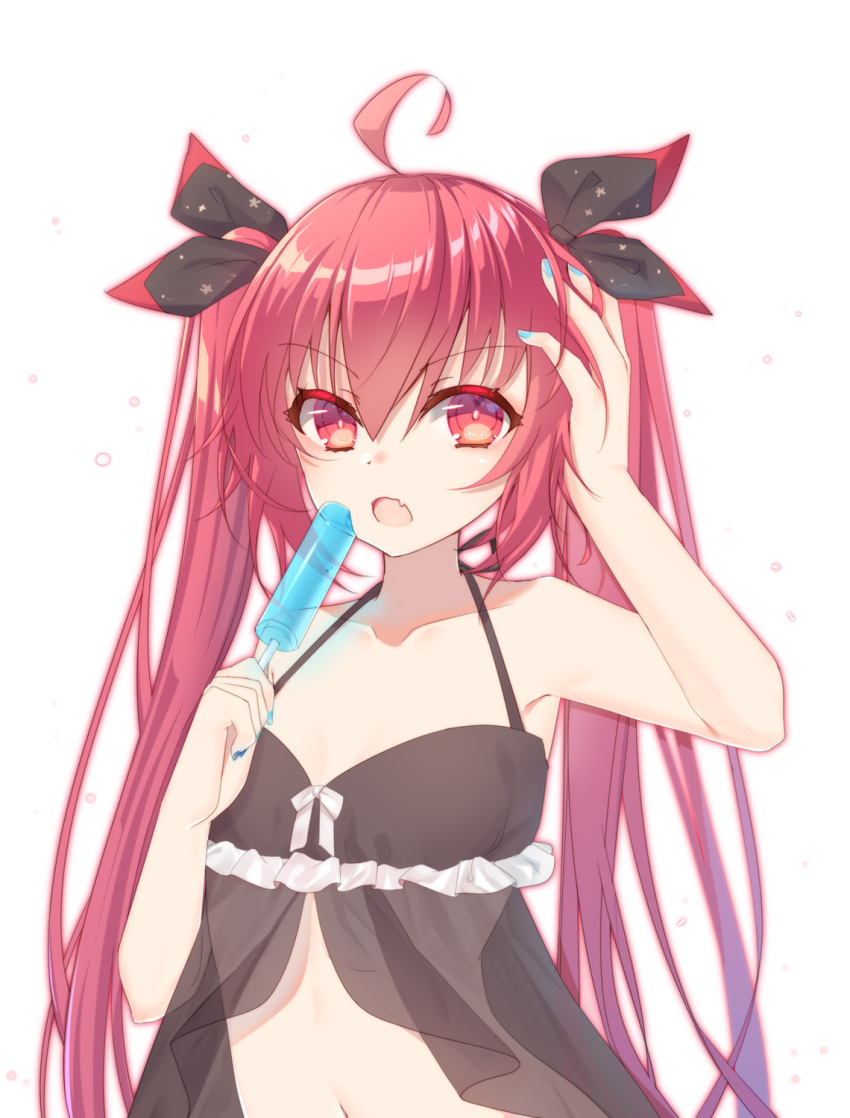 1girl, bare_shoulders, black_babydoll, blue_nails, breasts, commentary_request, date_a_live, fang