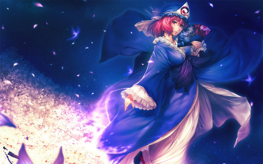 1680x1050, fan, hat, saigyouji_yuyuko, tage, touhou